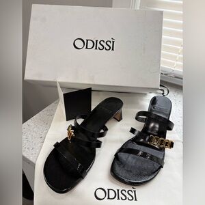 NIB Odissi-Juliet Black Leather Heel Sandal with gold accents